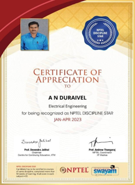 Certificate of appreciation to A.N.Duraivel